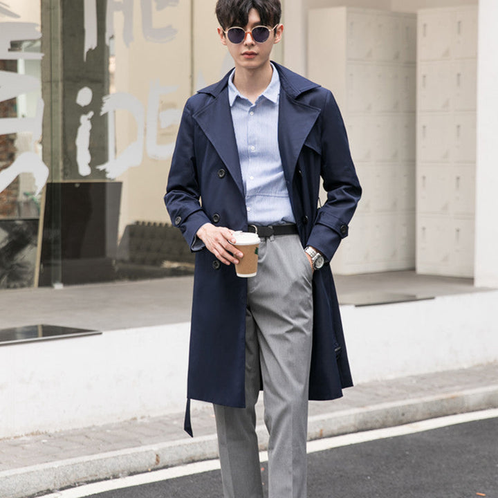 Herr Elegant Figurnära Trench Kappa med Dubbel Knapp Slå och Tie Bälte