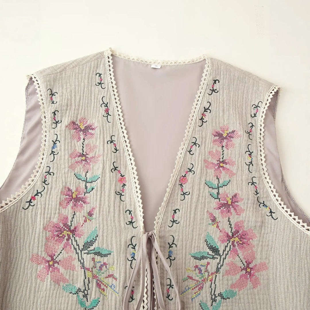 Dam embroidered Boho väst med V-neck, front lacing och fin spets kant