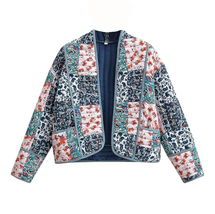 Dam Quiltad Patchwork Quiltad Jacka med Blommig Tryck, Open Kimono Silhuett och Patch Fickor