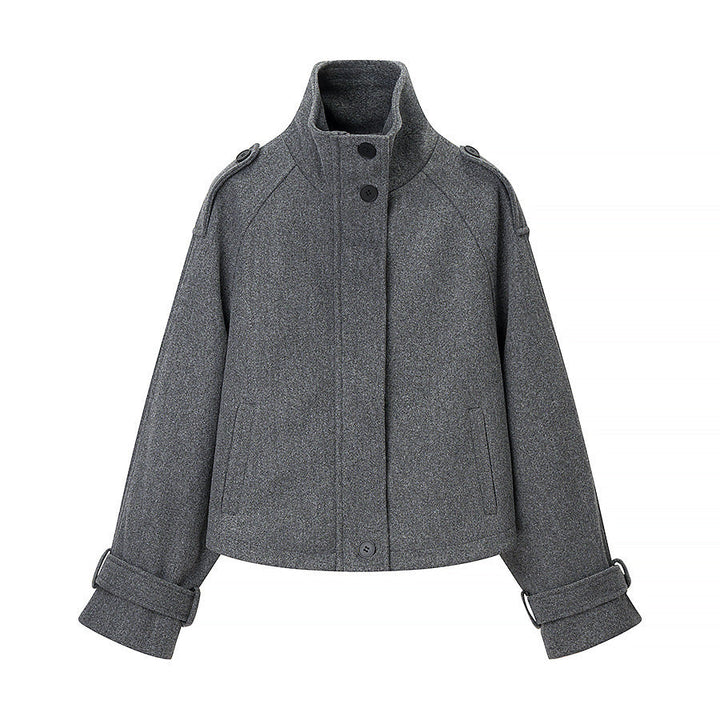Dam kort skärning ullblandning kort jacka med ståkrage, epaulettes, och justerbar ärm straps