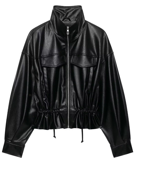 Dam Kort Faux Läder Blouson med Stå Krage, Lock Fickor och Drawstring Waist