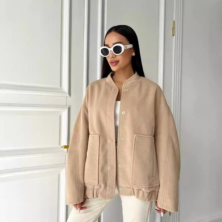 Dam kort skuren boxy ullblandning blouson med snap knappslå och utanpåfickor