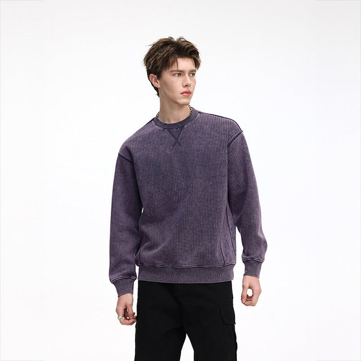 Herr Oversized Waffle Structure College-Tröja med Crew Neck och Ribbstickade Muddar