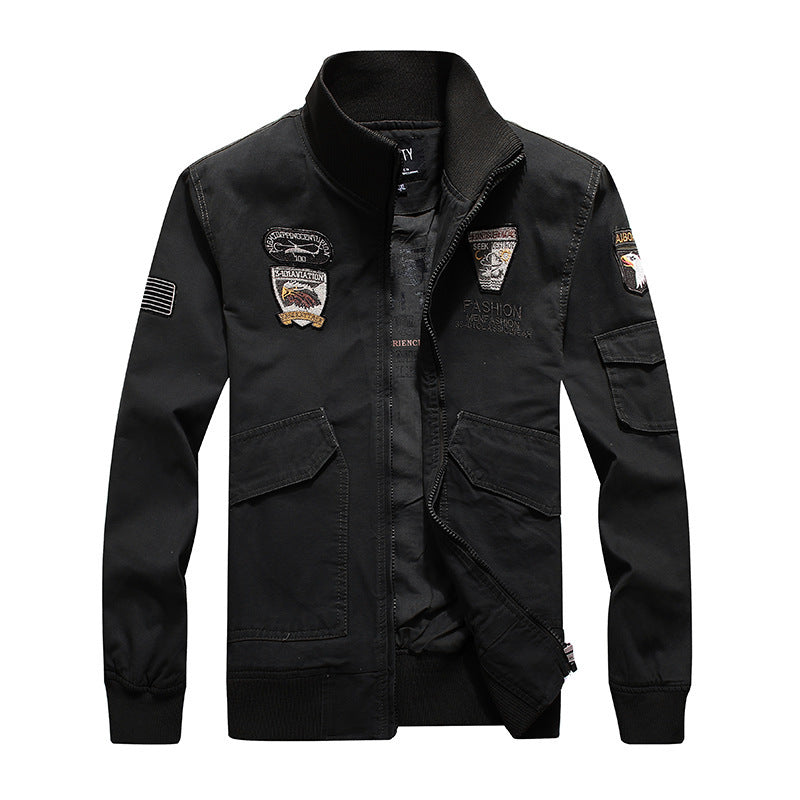 Herr Canvas Pilot Jacka med Embroidered Patches, Flera Fickor, och Ribbad Muddar