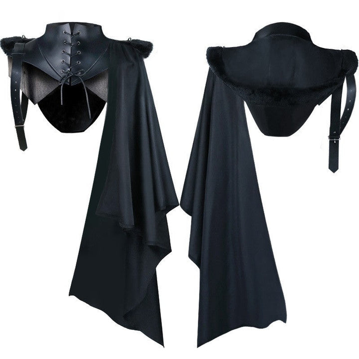 Unisex Cape med Axel Plates, Laced Krage, Konstpäls Kant, Adjustable Läder Straps, och Asymmetric Train