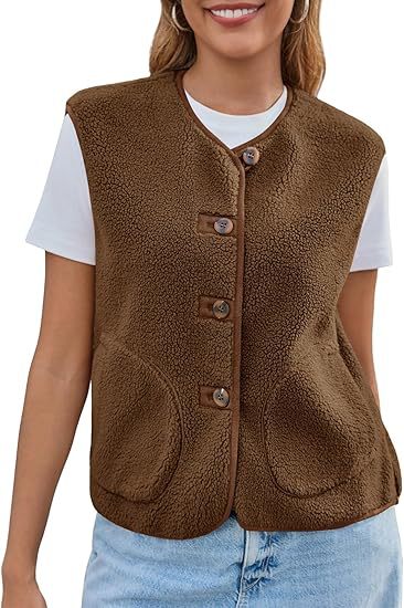Dam teddy fleece väst med round neck och knapp stängning