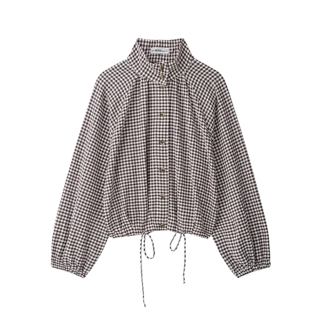Dam Checked Blouse Jacka med Stå Krage, Balloon Ärmar och Drawstring Nederkant