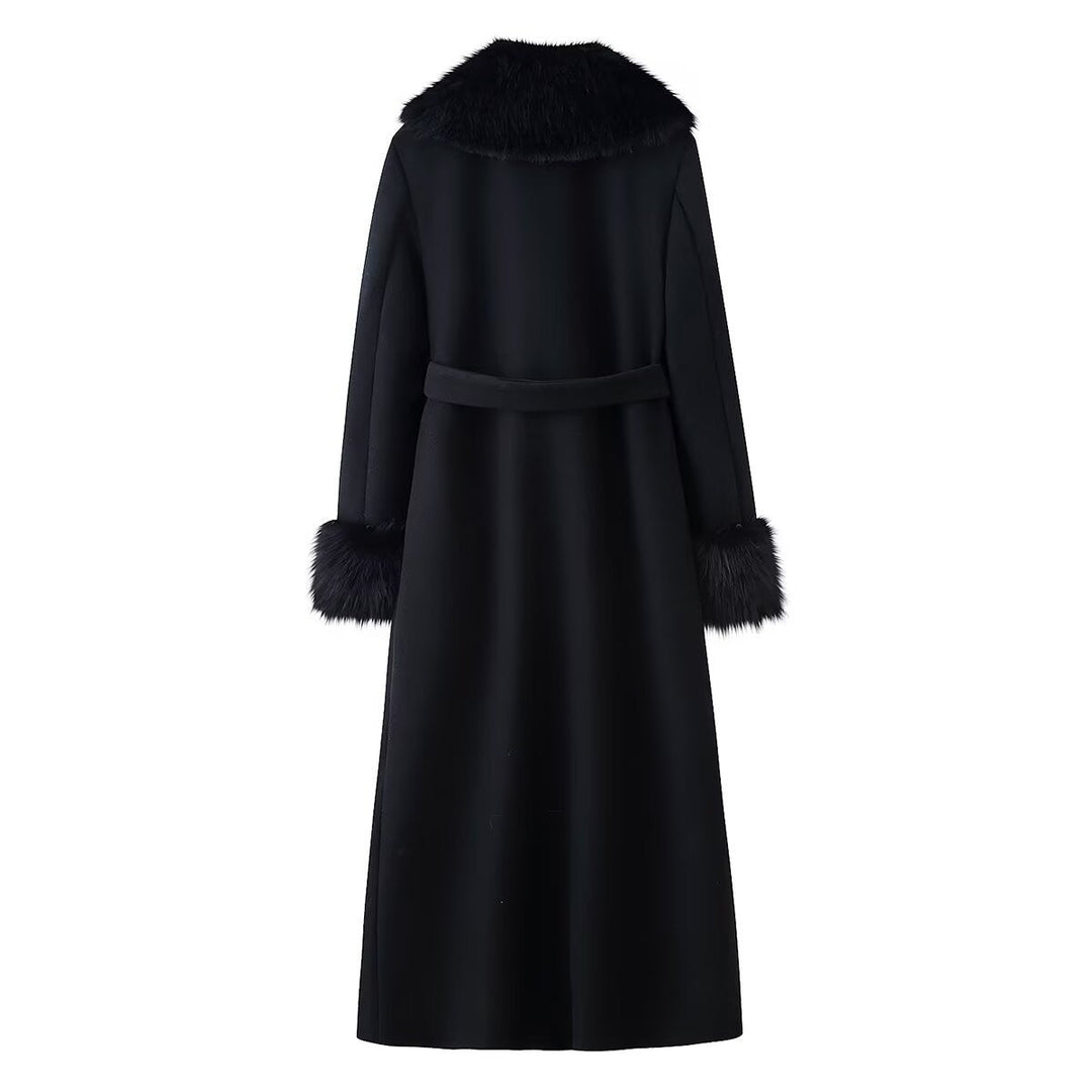 Dam elegant ull kappa med stor Faux Fur krage och knytband