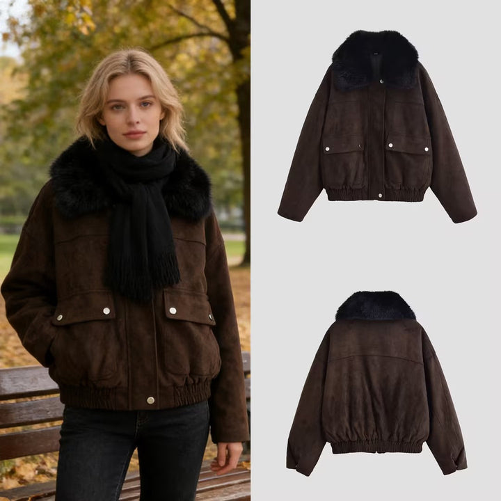 Dam Oversized Aviator Jacka Gjord av Mocka Läder Imitation med Stor Konstpäls Krage