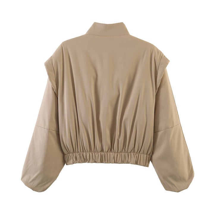Dam Kort Skärning Windbreaker med Stå Krage, Vadderad Foder och Balloon Ärmar