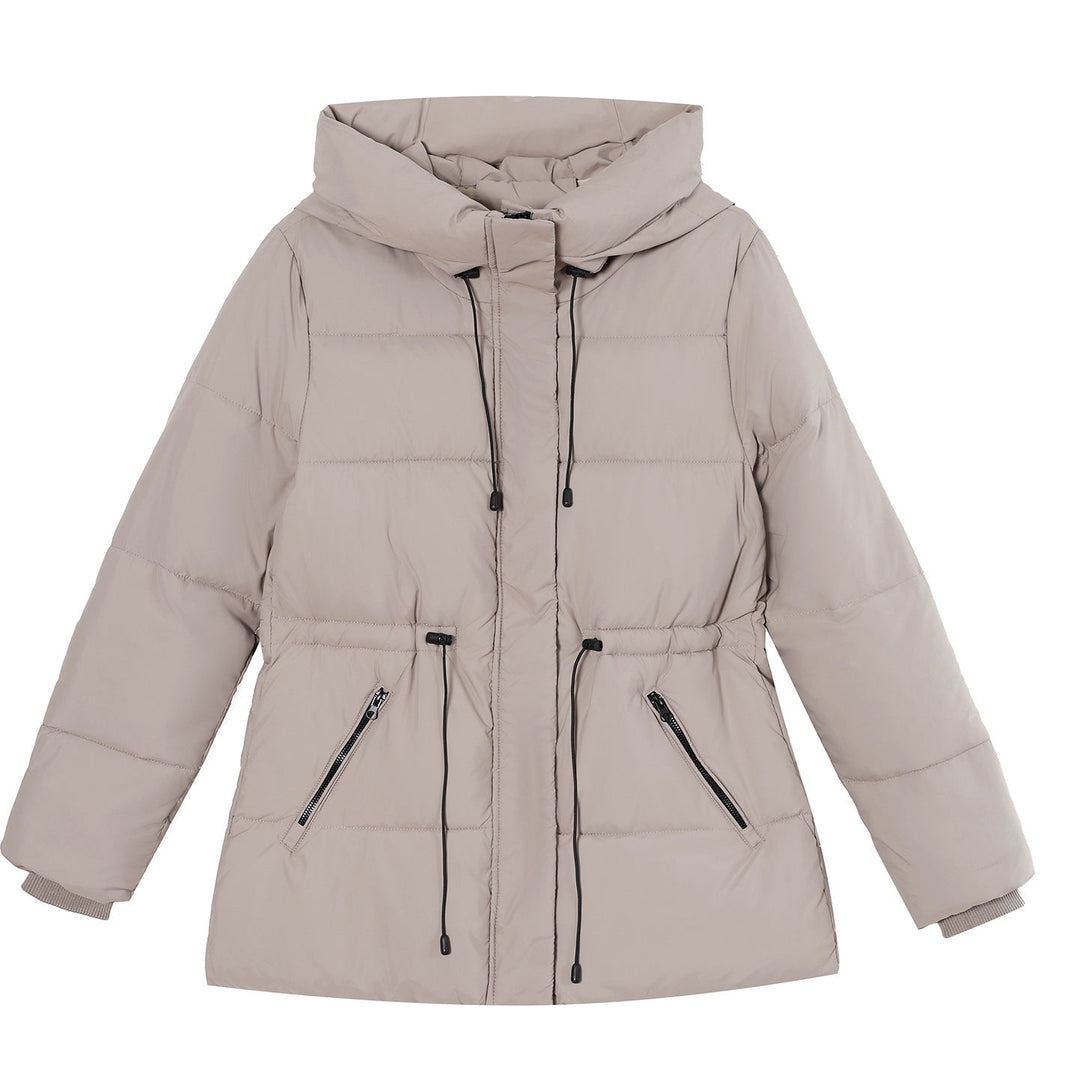 Dam vadderad hooded parka med adjustable drawstring, concealed dragkedja och ribbstickade muddar