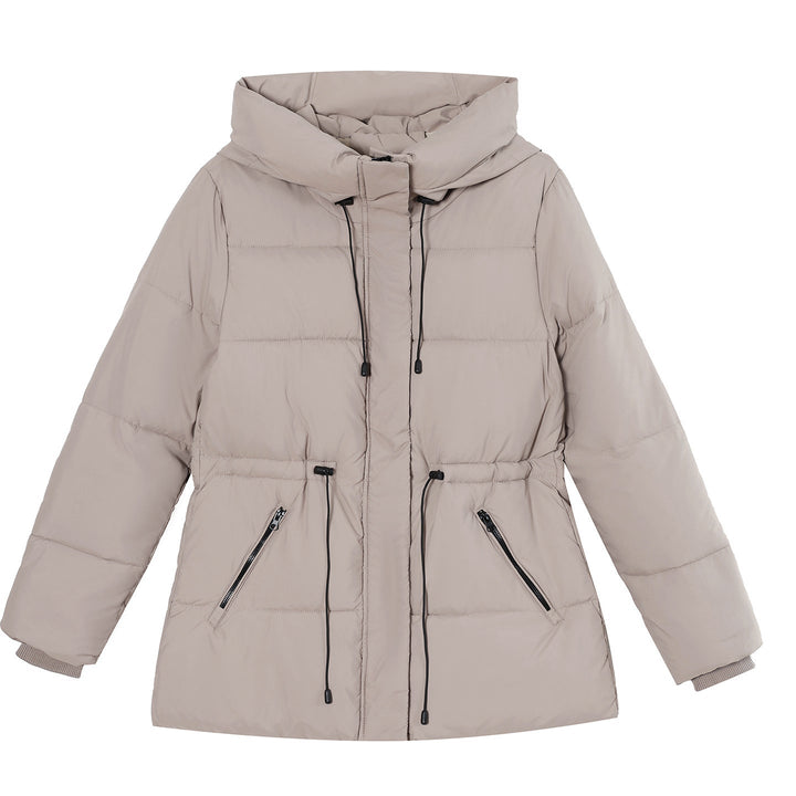Dam vadderad hooded parka med adjustable drawstring, concealed dragkedja och ribbstickade muddar
