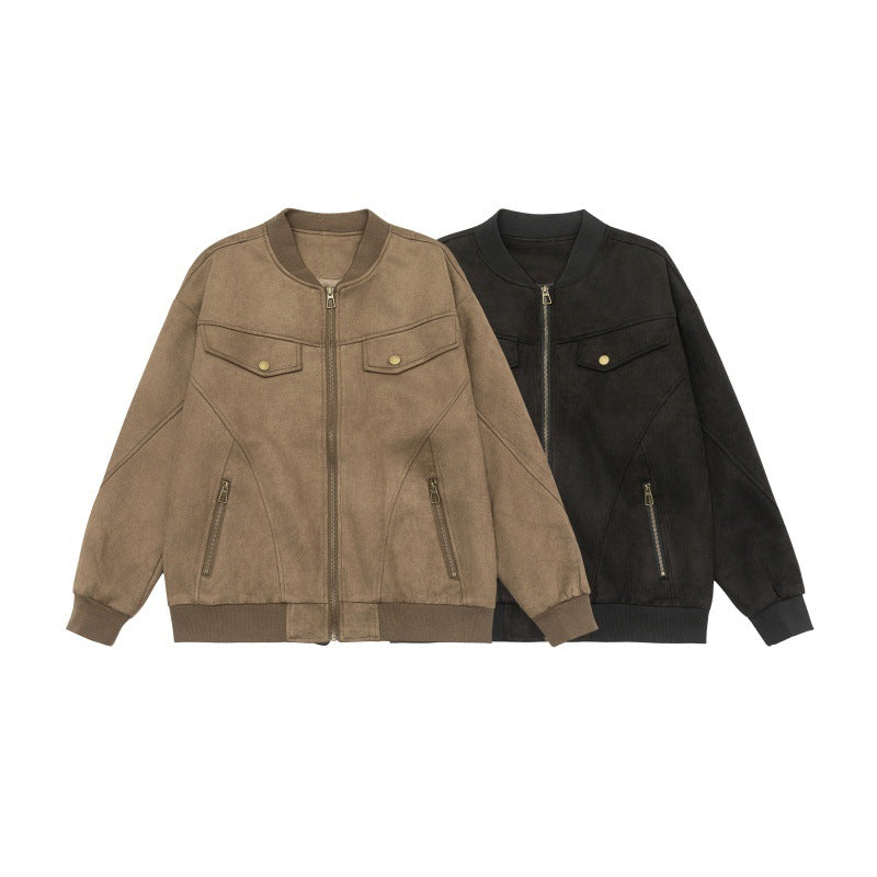 Unisex Kort Jacka i Vintage Mocka Look med Bröst Flaps, Dragkedja Fickor och Ribbstickade Muddar