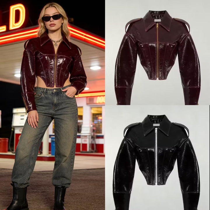 Dam Kort-Skärning Faux Patent Läder Blouson med Skräddarsydd Corset Skärning