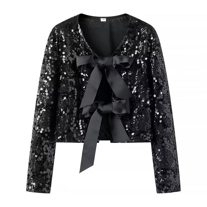 Dam kort jacka med Sequin Trim och dekorativ Bow fram