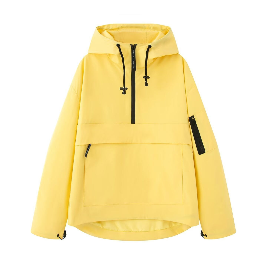 Dam Oversized Vindjacka-Anorak med Huva, Halv Dragkedja och Känguruficka