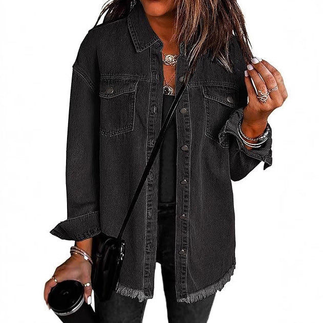 Dam oversize denim skjortjacka med Fringe fåll