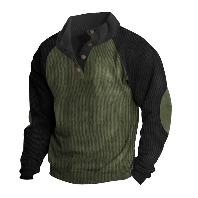 Herr Strukturerad Raglan Henley Pullover med Ståkrage, Elbow Lappar &amp; Knapplist
