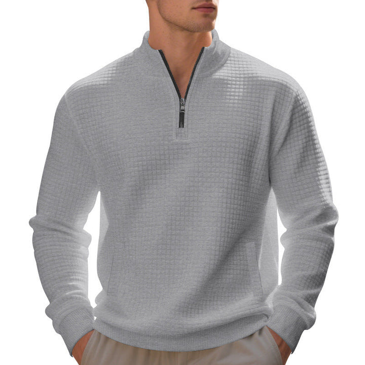 Herr Waffle Stickad Halv Dragkedja Pullover med Ståkrage, Känguruficka &amp; Ribbad Finishes