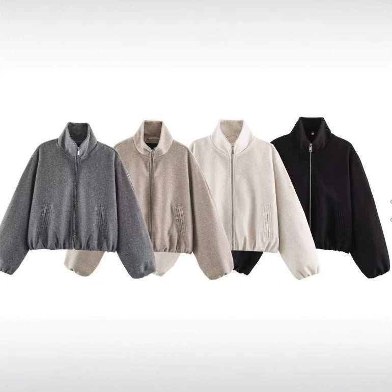Dam Kort Skärning Bouclé Blouson Jacka med Stå Krage, Elastic Nederkant och Balloon Ärmar