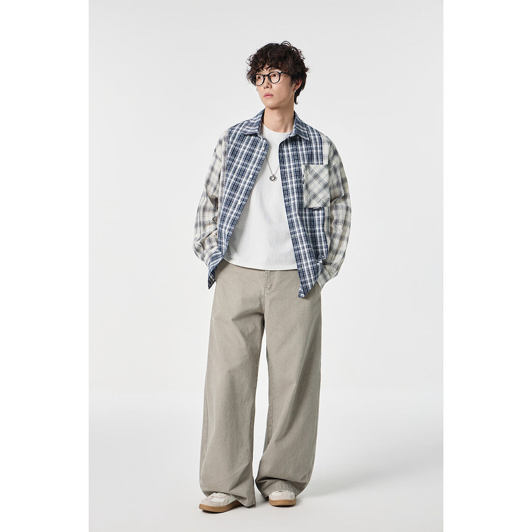 Unisex Rutig Overshirt i Patchwork Look med Bröstficka