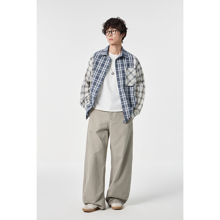 Unisex Rutig Overshirt i Patchwork Look med Bröstficka