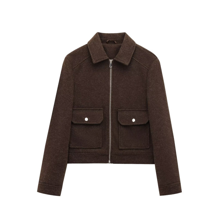 Dam Kort Boxig Jacka i Suede Look med Stå Krage, Dragkedja och Patch Fickor