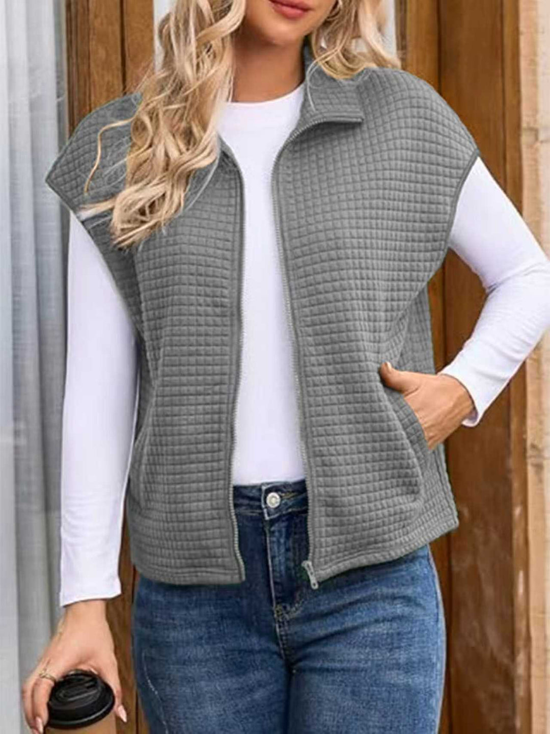Dam Quiltad Väst med Strukturerad Waffle Look, Ståkrage och Hel-Length Dragkedja