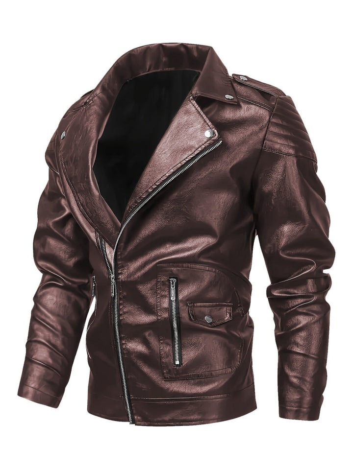 Herr Asymmetrical Biker Jacka Tillverkad av Konstläder med Quiltad Axel Padding och Utility Fickor