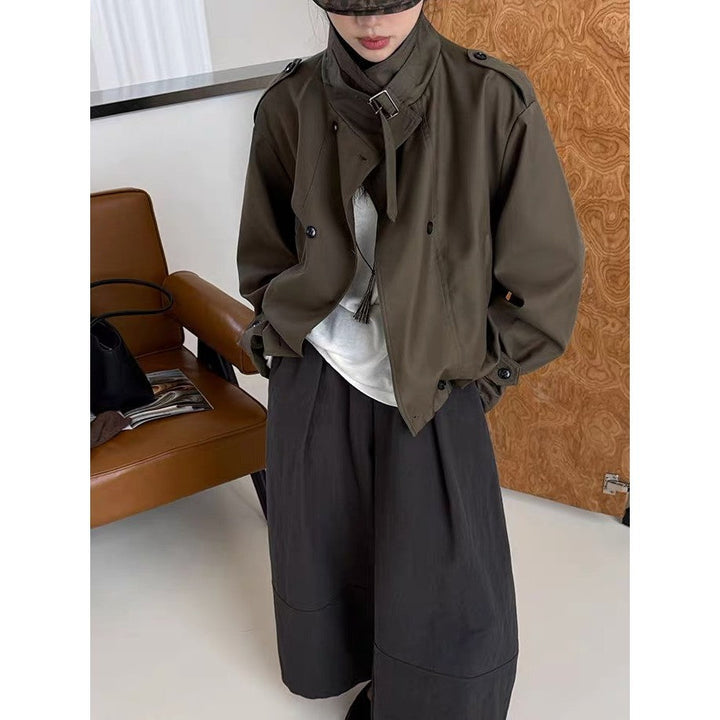 Dam kort Blouson trenchcoat med ståkrage, Double-breasted knappslå och Elastic fåll