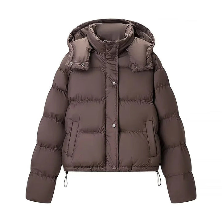 Dam kort quiltad vadderad jacka med avtagbar huva och drawstring fåll