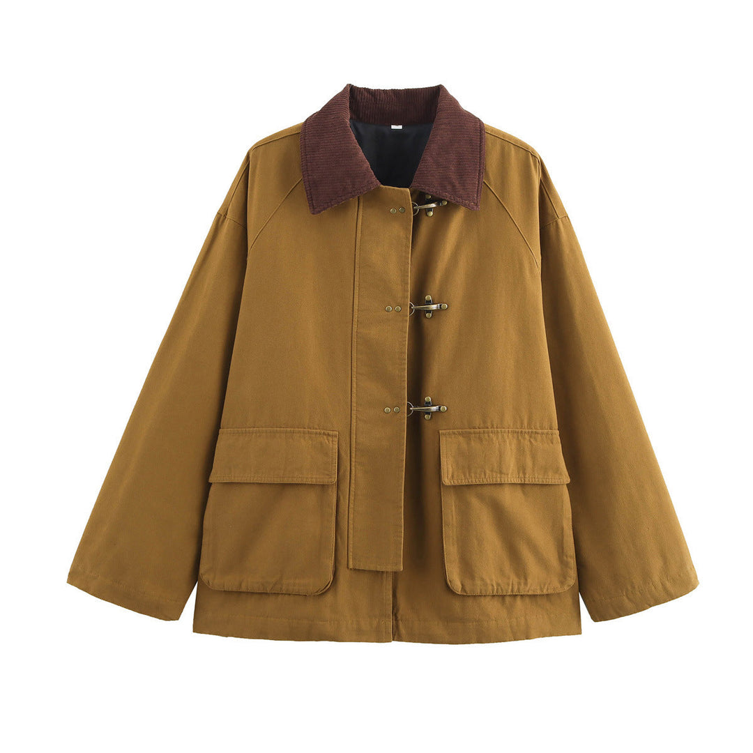 Dam kort canvas jacka med manchester krage och decorative toggle closures