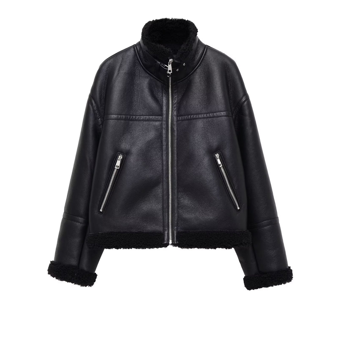 Dam Oversized Pilot Jacka Gjord av Konstläder med Teddy Foder och Ståkrage