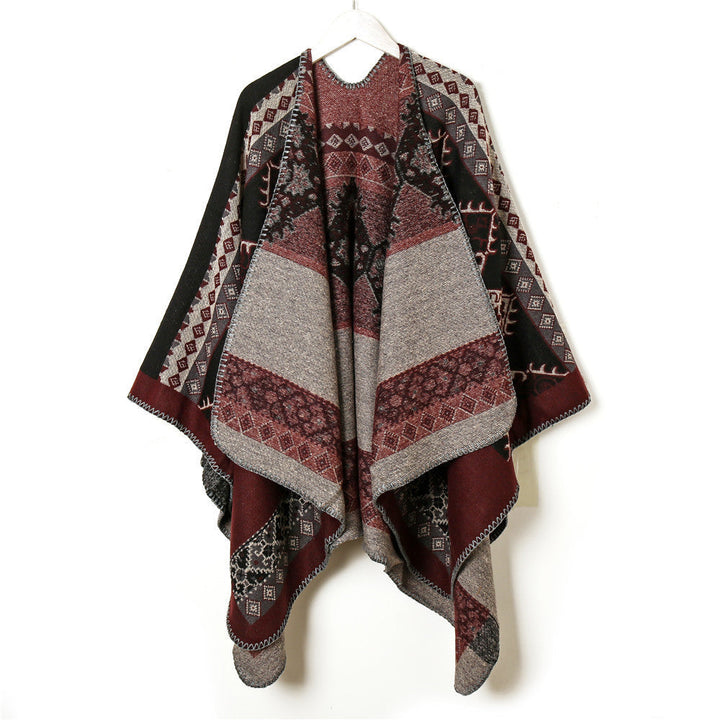Dam ullblandning jacquard capeponcho i ethnic look med decorative stitch