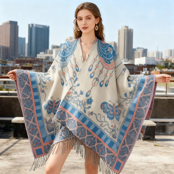 Dam Jacquard-Woven Fringe poncho i Tapestry look
