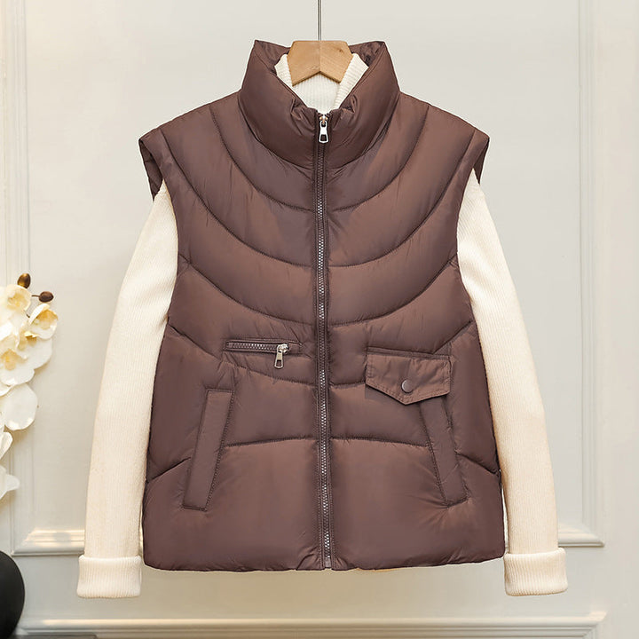 Dam sleeveless quiltad insulation väst med high ståkrage, concealed dragkedja, och multifunctional fickor