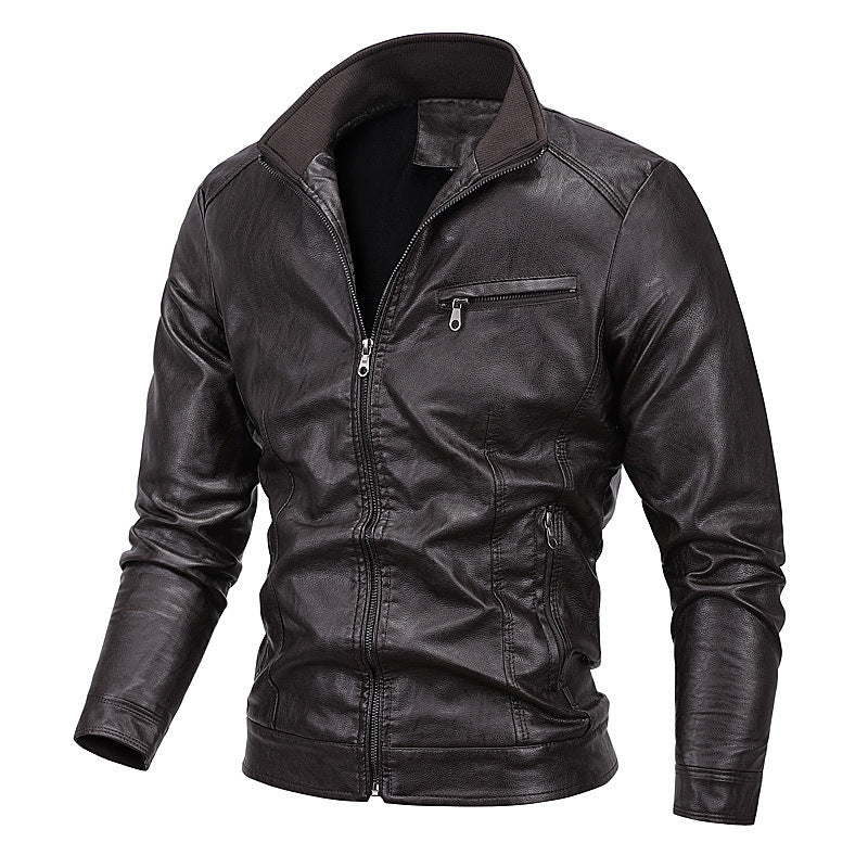 Herr Moto Blouson i Läder Look med en Figurnära Skärning, Stående Krage och Zip Fickor