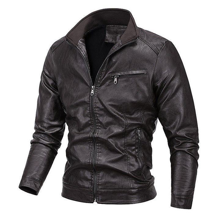 Herr Moto Blouson i Läder Look med en Figurnära Skärning, Stående Krage och Zip Fickor