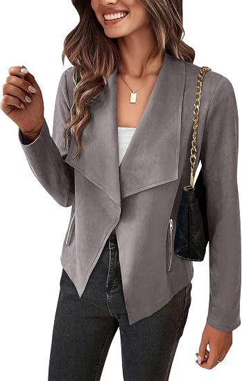 Dam Faux Mocka Waterfall Blazer med Asymmetrical Fåll och Fickor med Dragkedja