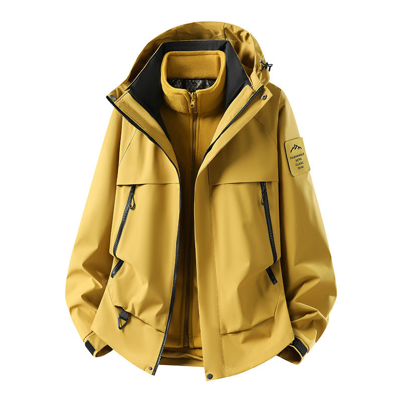 Herr modular vattentät utomhusjacka med avtagbar fleece inner jacka, huva, och fickor med dragkedja