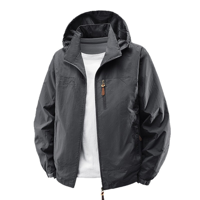 Men Packable Vind och Regnjacka med Perforated Huva Foder, Bröst Zip och Dragsko