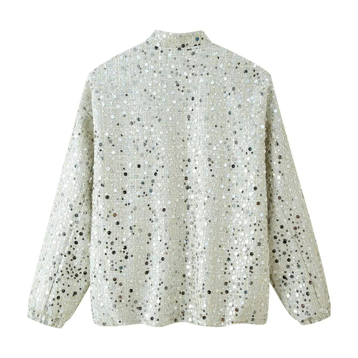 Dam glansig sequin boxy jacka med ståkrage, concealed dragkedja, och elastiska muddar