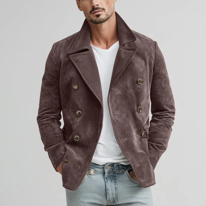 Herr Double-Breasted Suede Jacka i Short Rock Blouson med Prominent Lapels