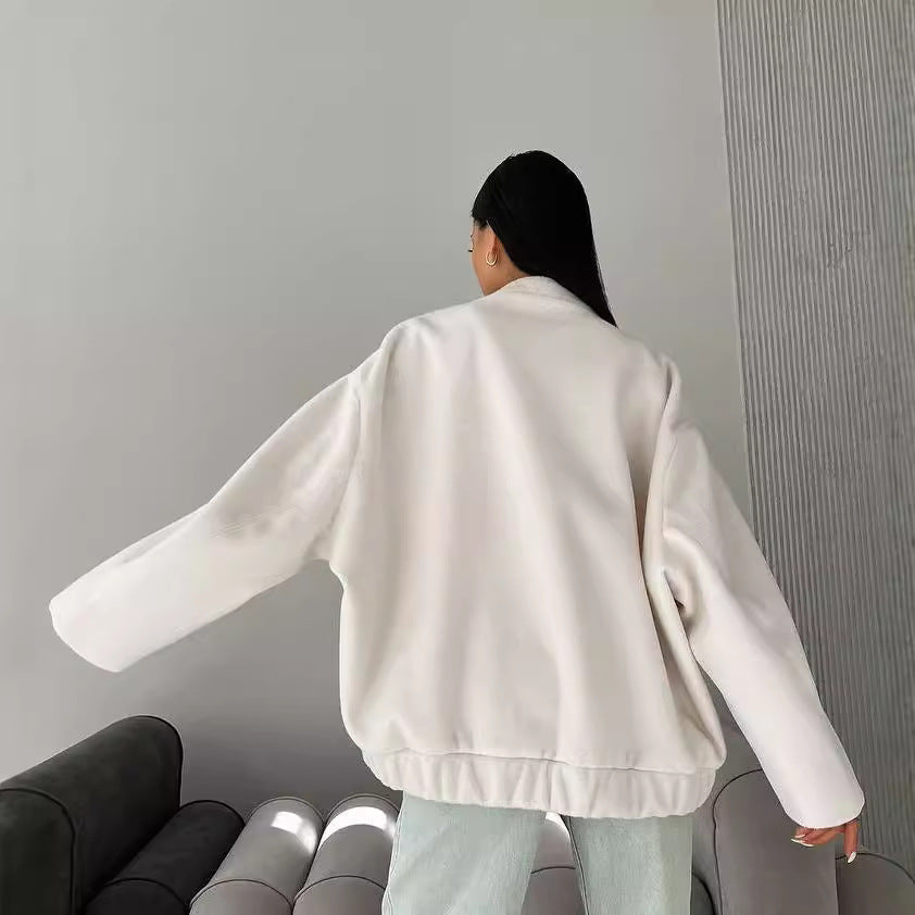 Dam kort skuren boxy ullblandning blouson med snap knappslå och utanpåfickor