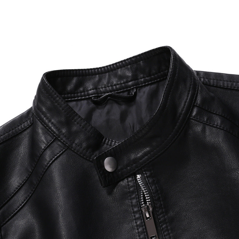 Herr Smal Passform Läder Look Blouson i Racer Minimal Stil med Snap Knapp Ståkrage
