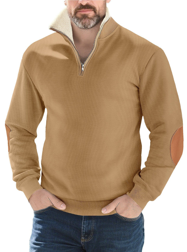 Herr Strukturerad Stickad Halv Dragkedja Pullover med Värmande Sherpa Krage och Velour Elbow Lappar