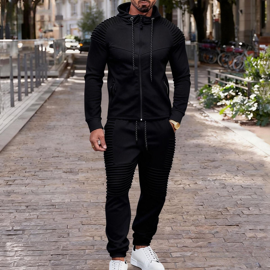 Herr Sportig Luvtröja Sweat Set med Ribbad Biker Panels