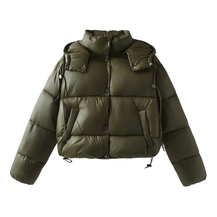 Dam oversized vadderad kort jacka med detachable huva, high ståkrage, och drawstring fåll