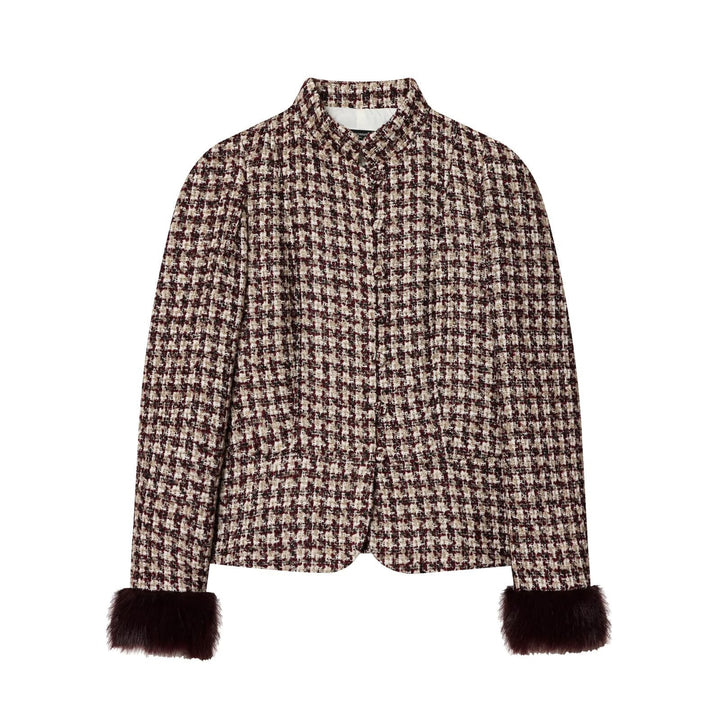 Dam Kort Bouclé Tweedjacka med Stå Krage och Faux Fur Muddar