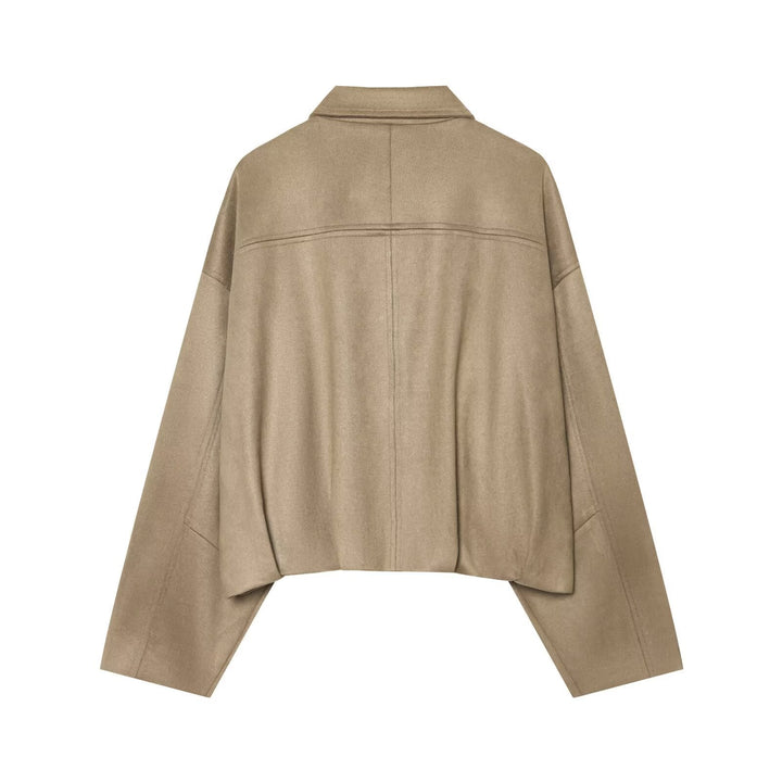 Dam Kort Cape Jacka i Oversize Suede Look med Dold Knapp Knäppning